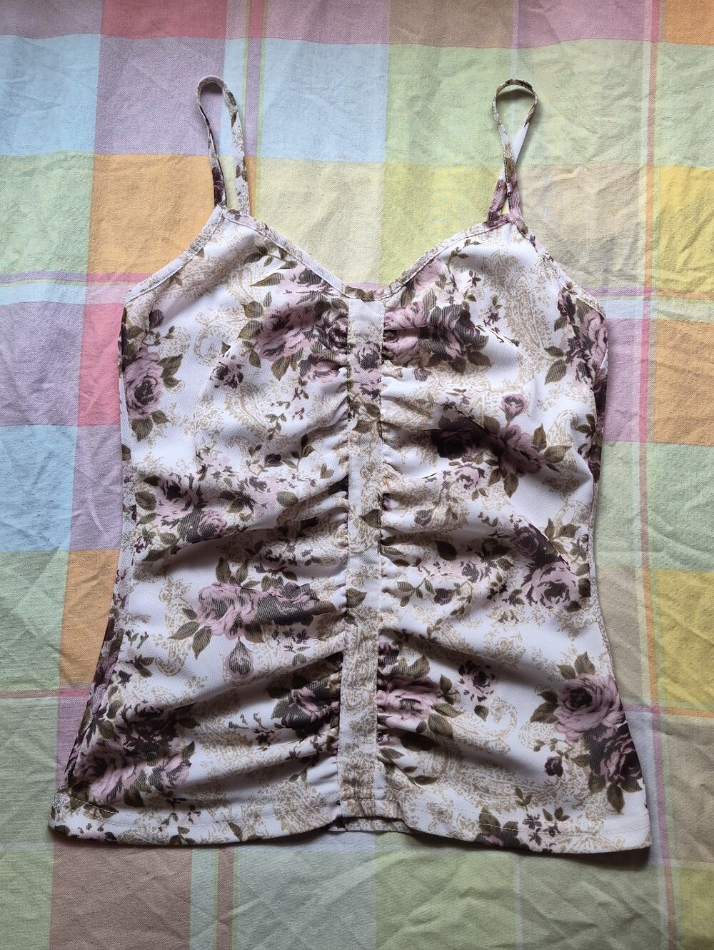 Floral Ruched Spaghetti Strap Cami in White, Pink and Mauve